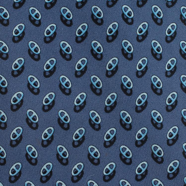 Pre Owned Hermes Blue Scarf Rings Printed Silk Tie