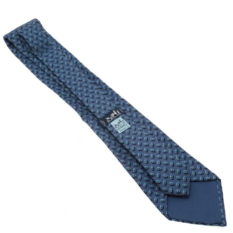 Pre Owned Hermes Blue Scarf Rings Printed Silk Tie