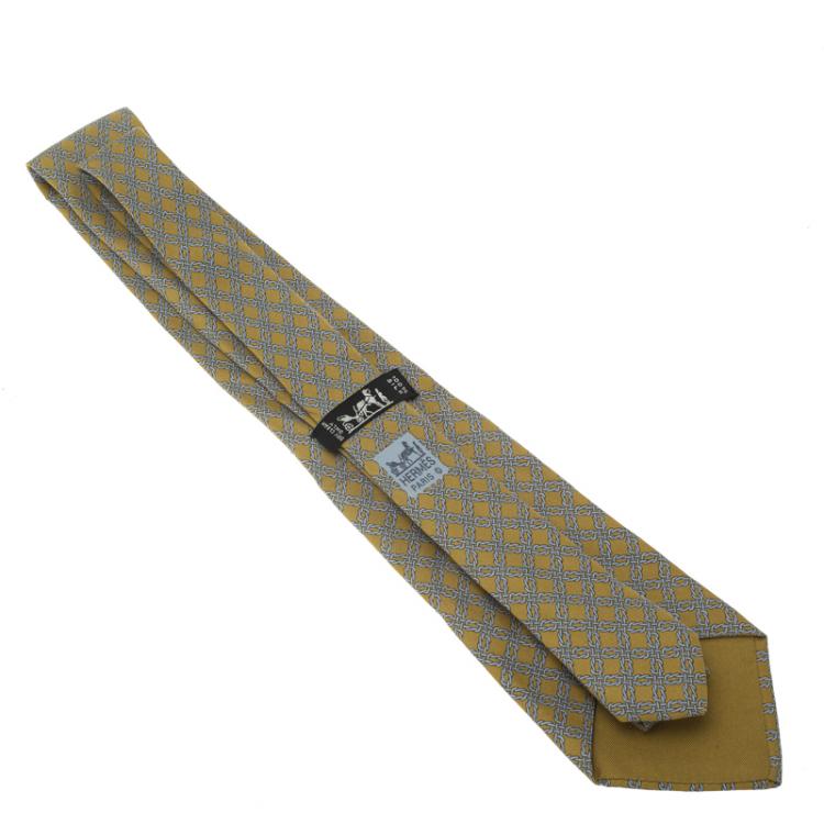 Pre Owned Hermes Blue and Yellow Printed Silk Tie