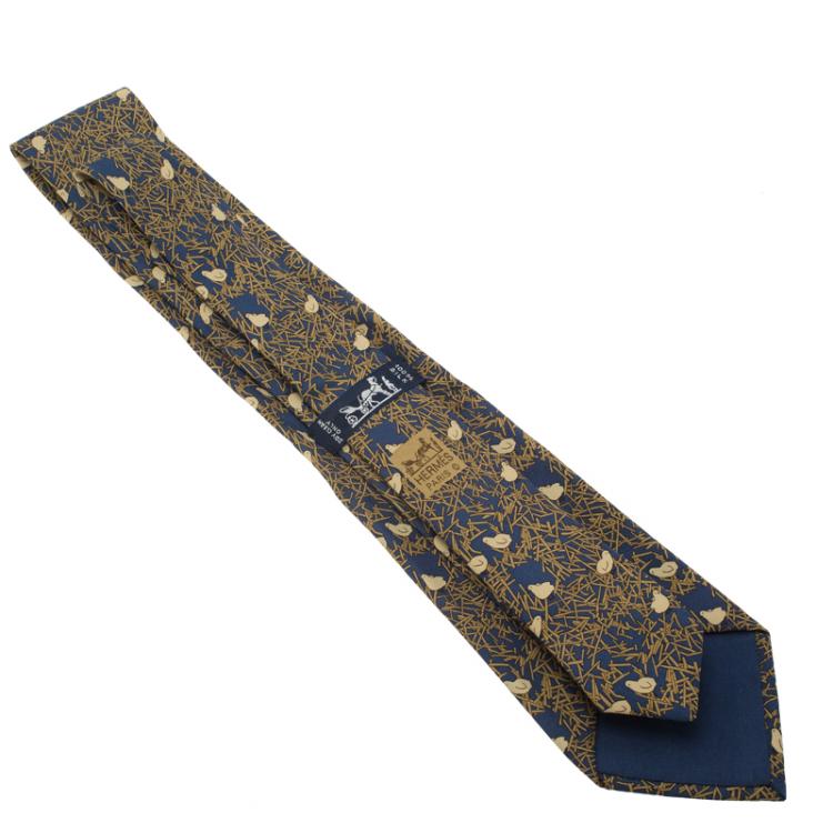Pre Owned Hermes Blue Bird's Nest Print Silk Tie
