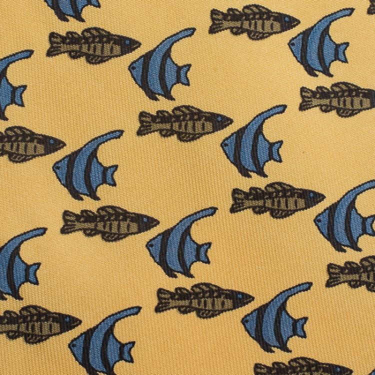Pre Owned Hermes Yellow Fish Print Silk Tie