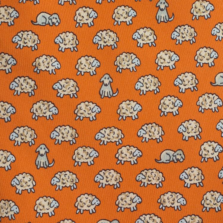 Pre Owned Hermes Orange Sheep and Dog Print Silk Tie