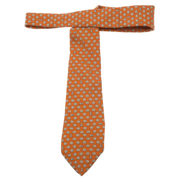 Pre Owned Hermes Orange Sheep and Dog Print Silk Tie