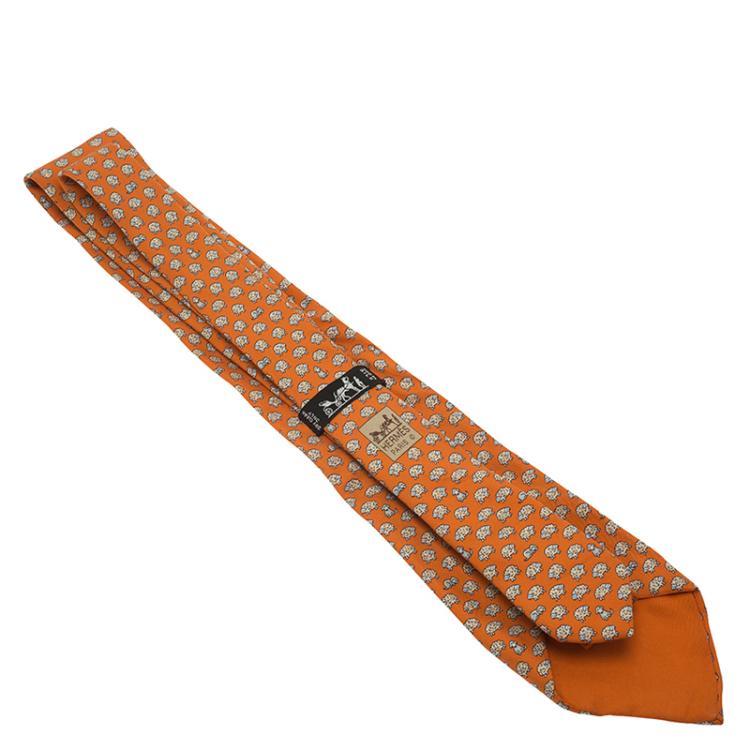 Pre Owned Hermes Orange Sheep and Dog Print Silk Tie