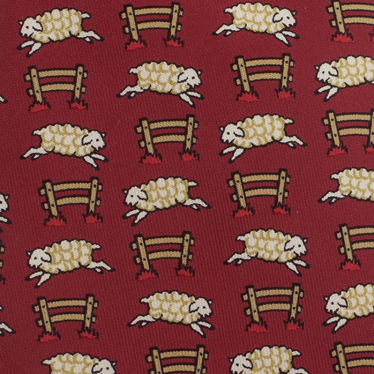 Pre Owned Hermes Red Sheep Print Silk Tie