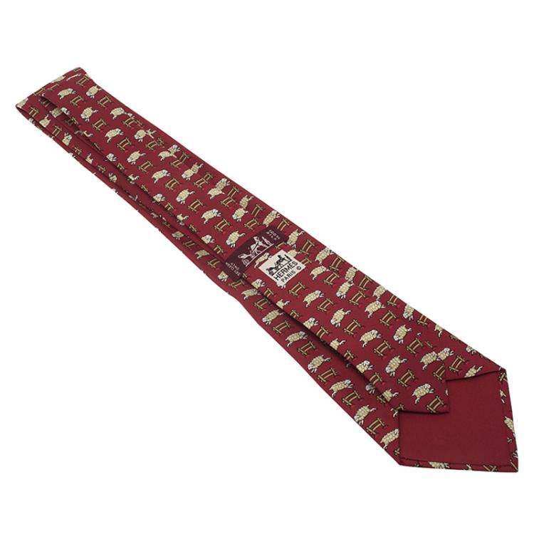 Pre Owned Hermes Red Sheep Print Silk Tie