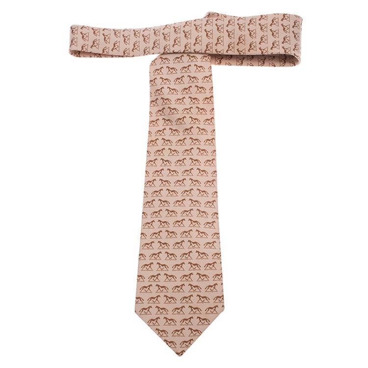 Pre Owned Hermes Beige Horse Print Silk Tie
