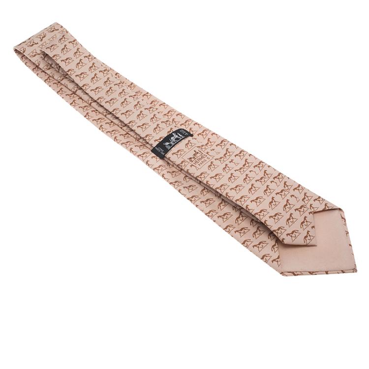Pre Owned Hermes Beige Horse Print Silk Tie