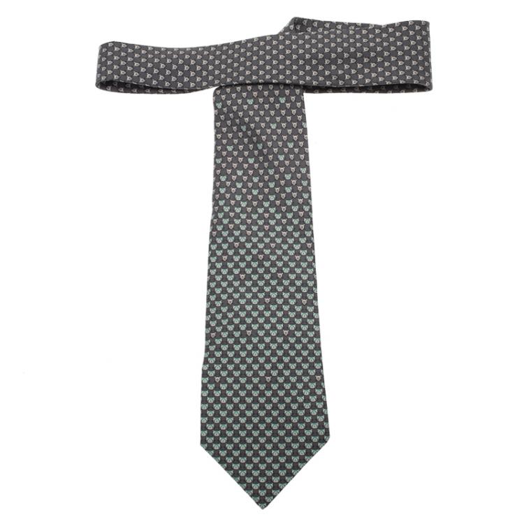 Pre Owned Hermes Grey Cat and Mouse Print Silk Tie