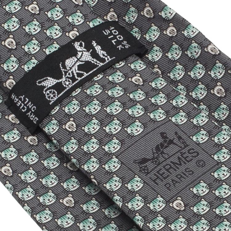 Pre Owned Hermes Grey Cat and Mouse Print Silk Tie
