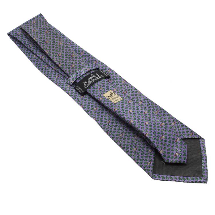 Pre Owned Hermes Purple Turtle Print Silk Tie
