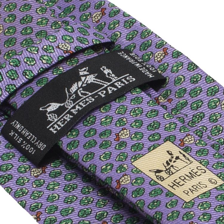 Pre Owned Hermes Purple Turtle Print Silk Tie