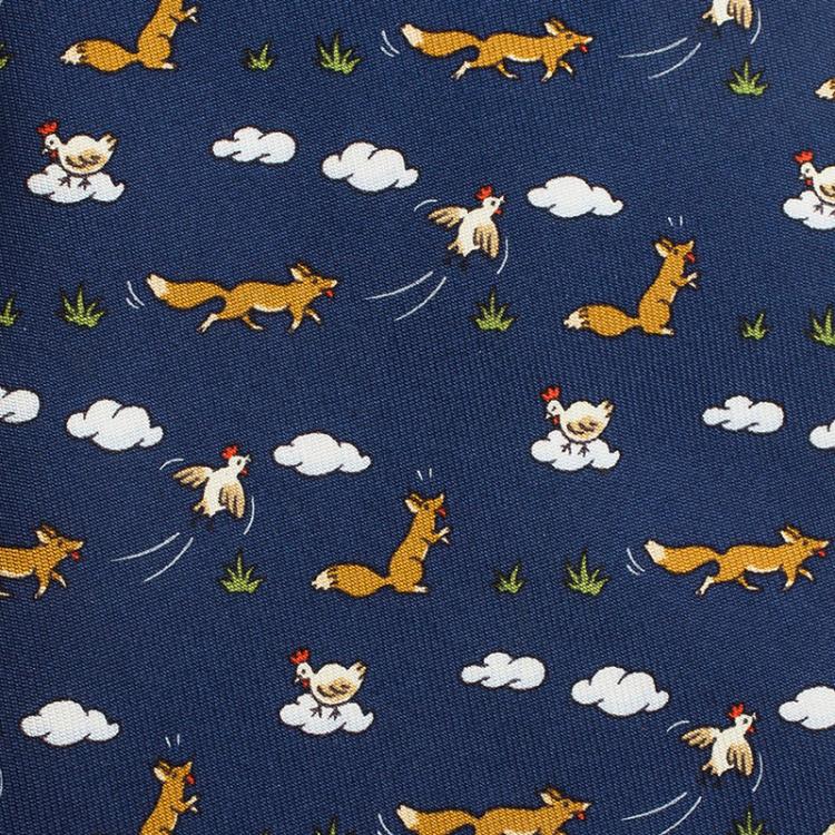 Pre Owned Hermes Navy Blue Wolf, Clouds & Chicken Print Silk Tie