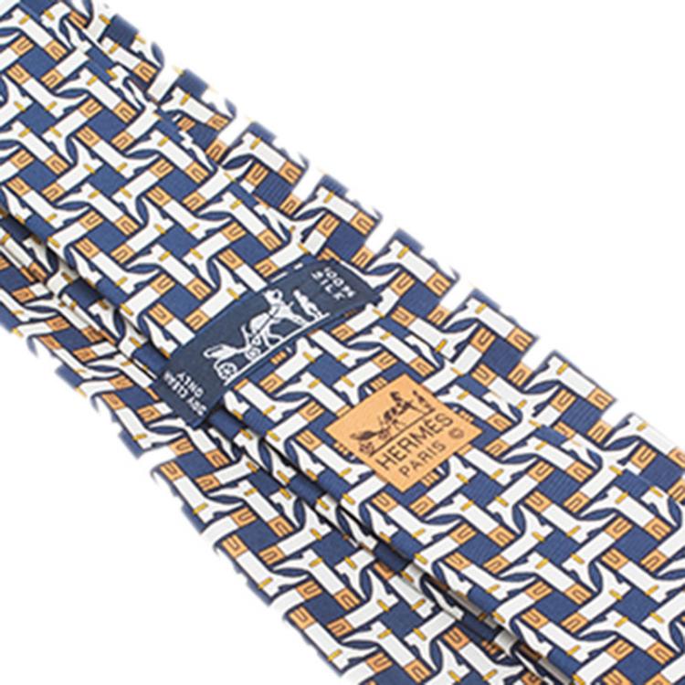 Pre Owned Hermes Blue H Boots Print Silk Tie