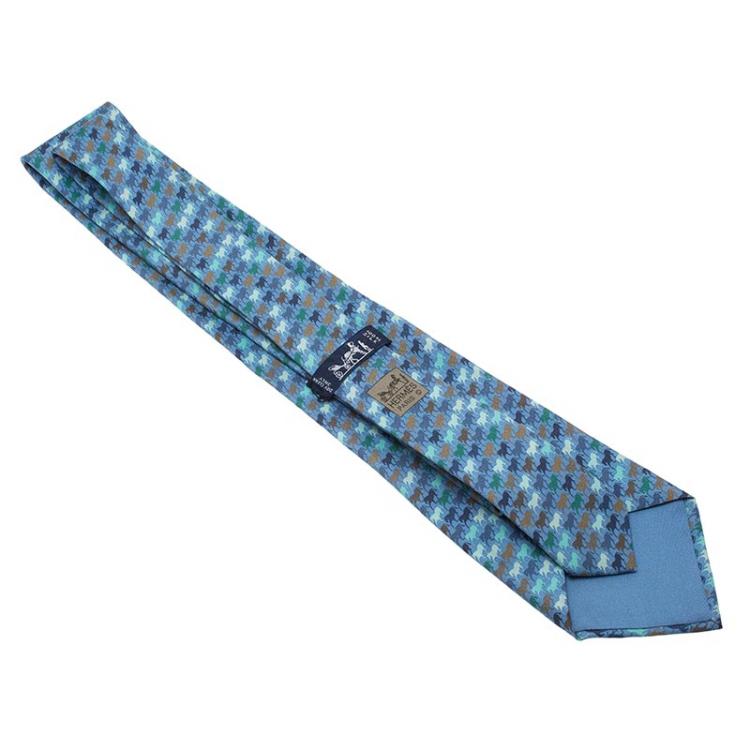 Pre Owned Hermes Blue Horse Print Silk Tie