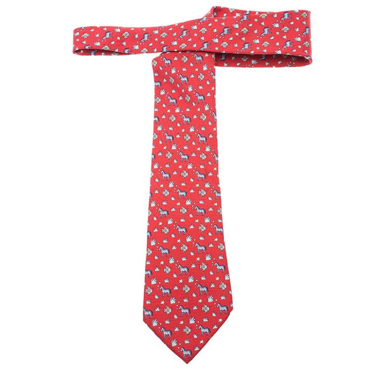 Pre Owned Hermes Red Zebra and Fish Print Silk Tie