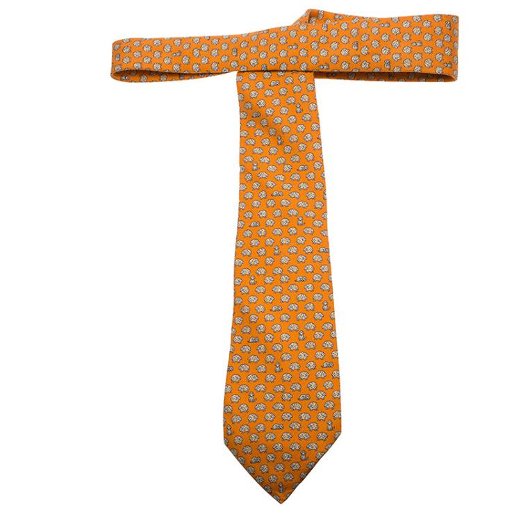 Pre Owned Hermes Orange Sheep and Dog Print Silk Tie