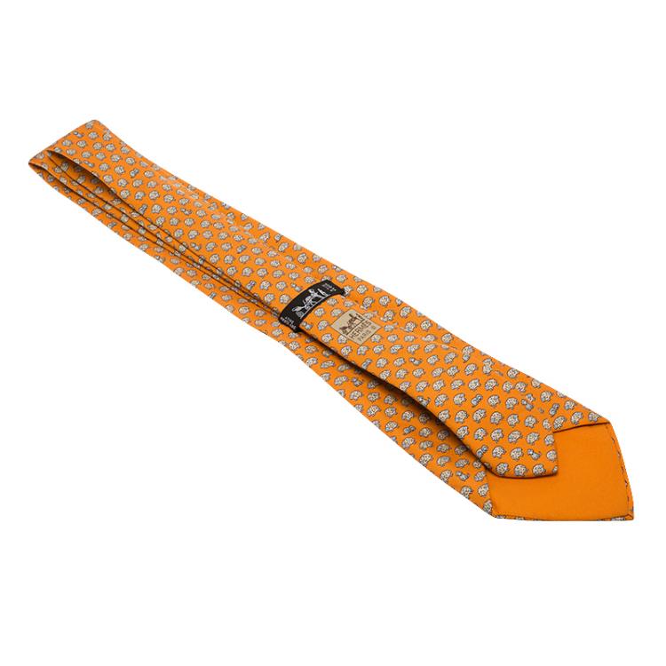 Pre Owned Hermes Orange Sheep and Dog Print Silk Tie