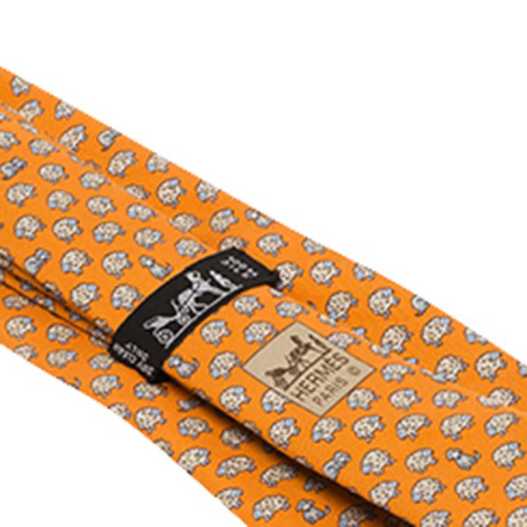 Pre Owned Hermes Orange Sheep and Dog Print Silk Tie