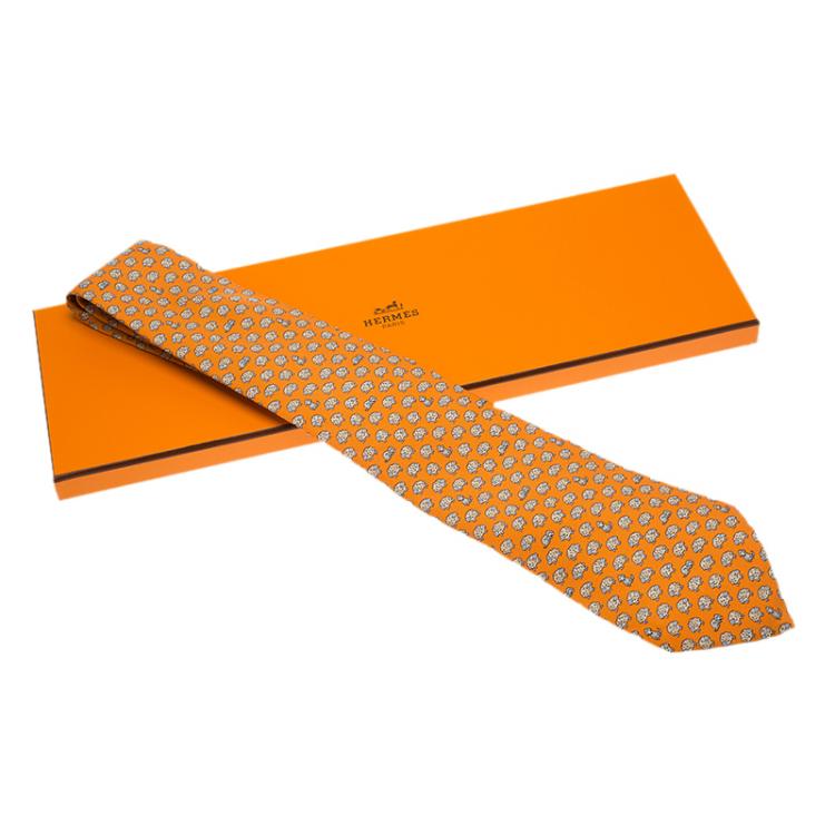 Pre Owned Hermes Orange Sheep and Dog Print Silk Tie