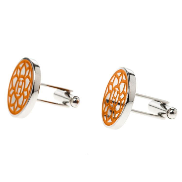 Pre Owned Hermes H Orange Floral Enamel Palladium Plated Cufflinks