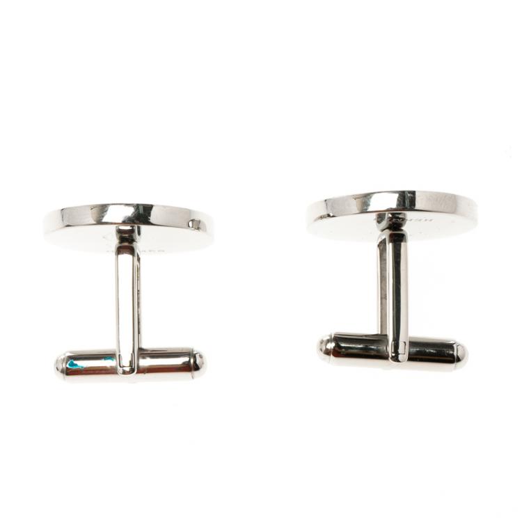 Pre Owned Hermes H Orange Floral Enamel Palladium Plated Cufflinks