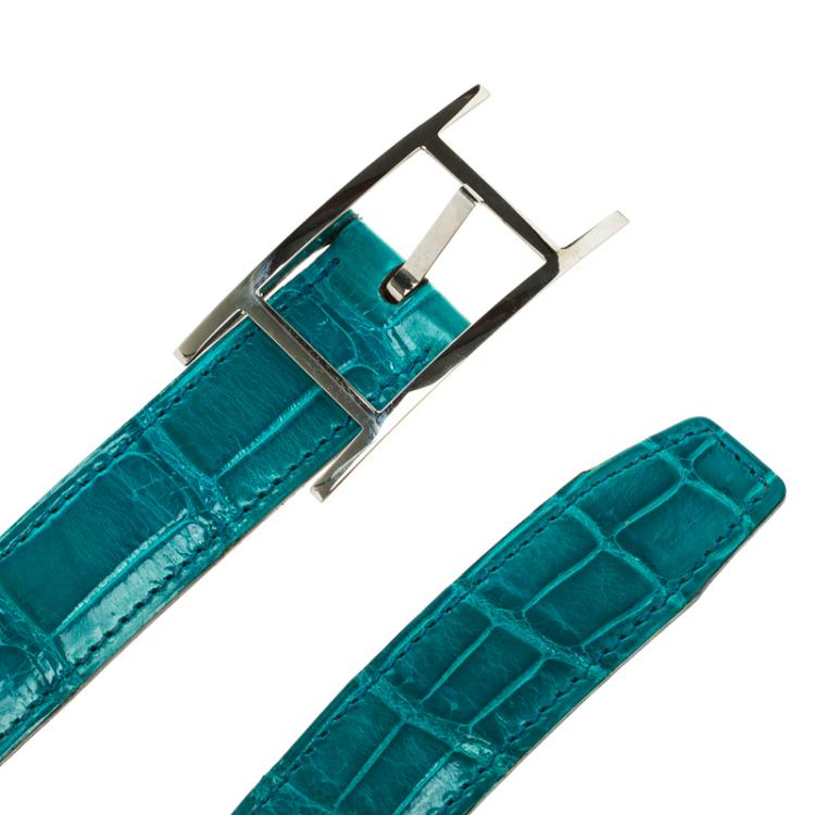 Pre Owned Hermes Blue Paon Porosus Crocodile Palladium Quentin Belt 85 CM