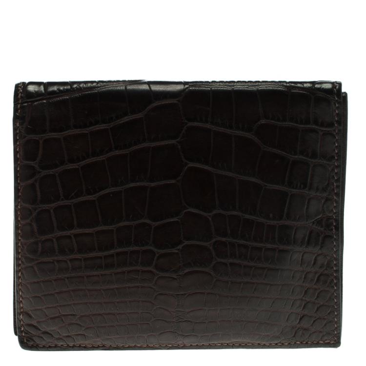 Pre Owned Hermes Dark Brown Alligator Bi Fold Wallet