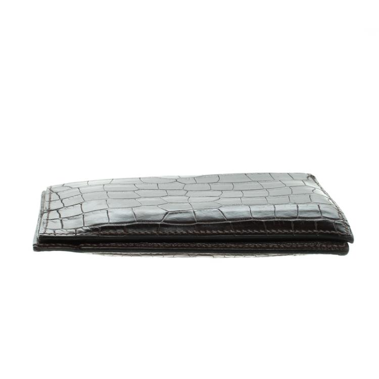 Pre Owned Hermes Dark Brown Alligator Bi Fold Wallet
