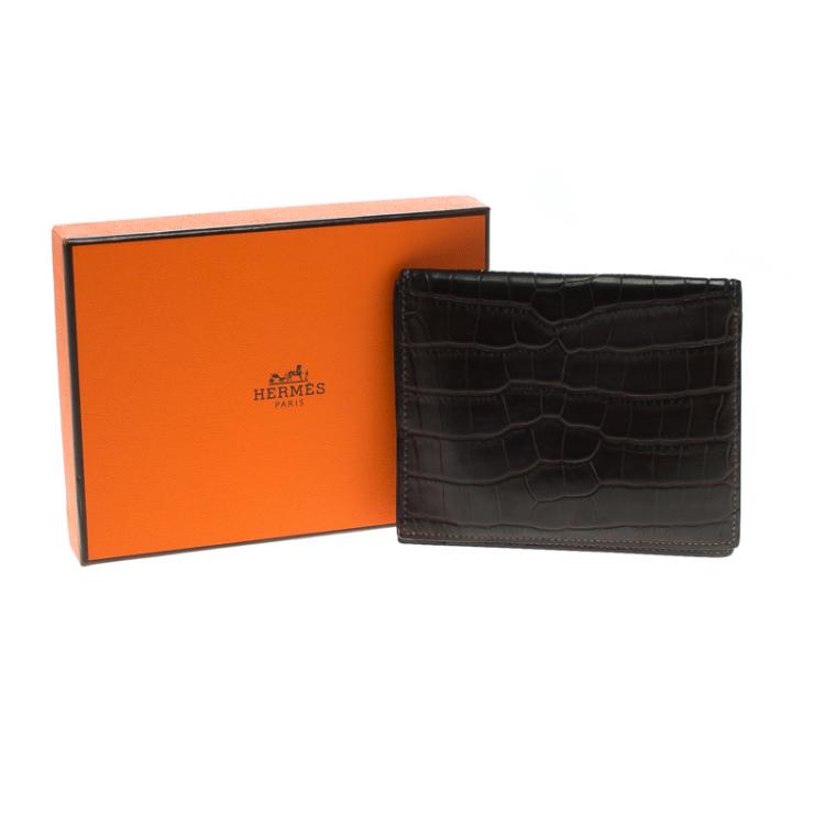 Pre Owned Hermes Dark Brown Alligator Bi Fold Wallet