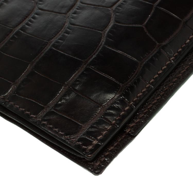 Pre Owned Hermes Dark Brown Alligator Bi Fold Wallet