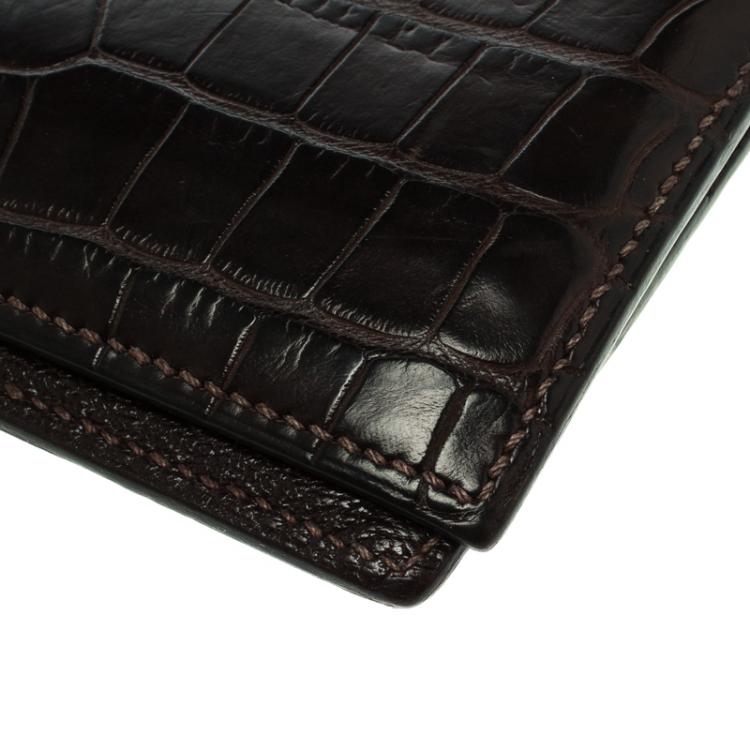Pre Owned Hermes Dark Brown Alligator Bi Fold Wallet
