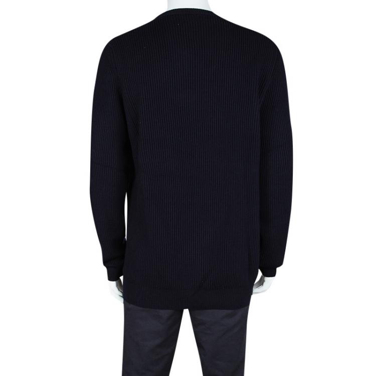 Pre Owned Hermes Navy Blue Chunky Knit Wool Contrast Trim Crew Neck Sweater 3XL