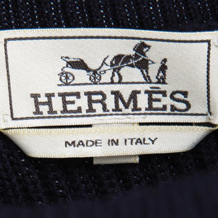 Pre Owned Hermes Navy Blue Chunky Knit Wool Contrast Trim Crew Neck Sweater 3XL