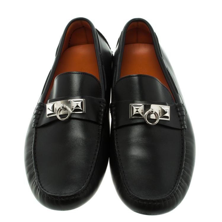 Pre Owned Hermes Black Leather Irving Moccasins Size 43.5
