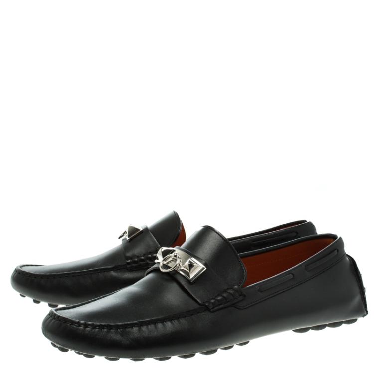 Pre Owned Hermes Black Leather Irving Moccasins Size 43.5