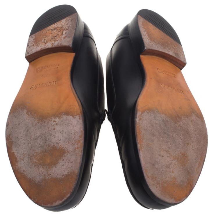 Pre Owned Hermes Black Leather Lucky Moccasins Size 43.5
