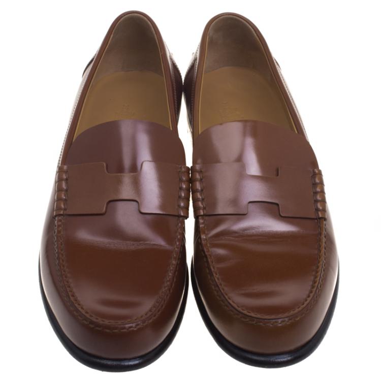 Pre Owned Hermes Brown Leather Kennedy Loafers Size 43