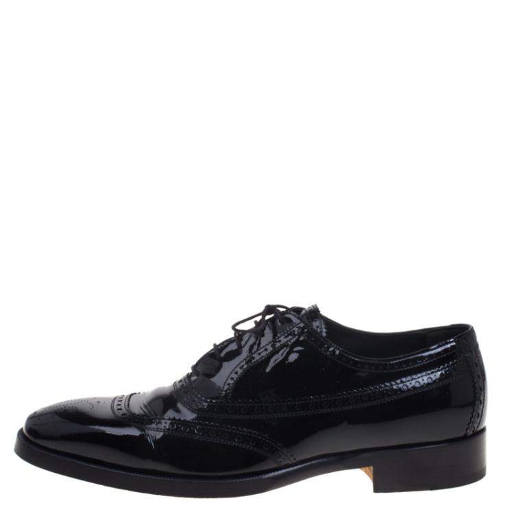 Pre Owned Hermes Black Patent Brogue Leather Lace Up Oxfords Size 43.5