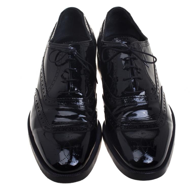 Pre Owned Hermes Black Patent Brogue Leather Lace Up Oxfords Size 43.5