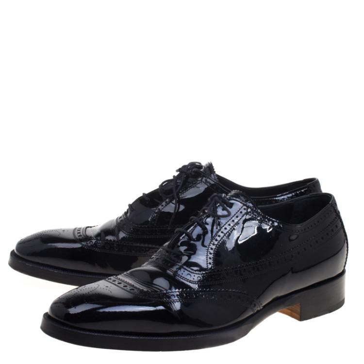 Pre Owned Hermes Black Patent Brogue Leather Lace Up Oxfords Size 43.5