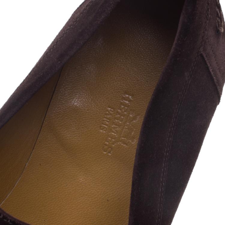 Pre Owned Hermes Chocolate Brown Suede Lucky Moccasins Size 43