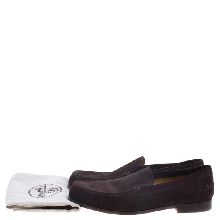 Pre Owned Hermes Chocolate Brown Suede Lucky Moccasins Size 43