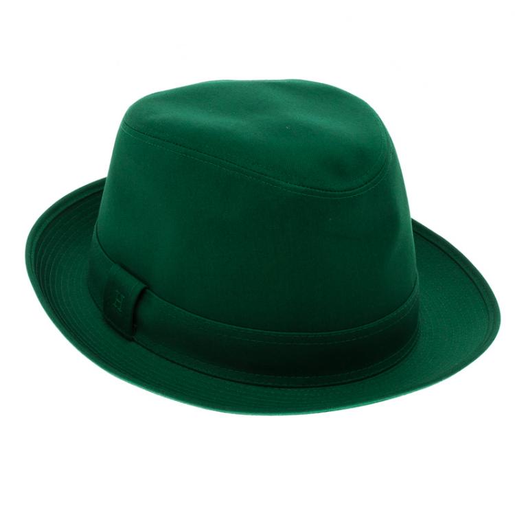 مملوكة مسبقًا Hermes Green Cotton H Embroidered Funky Fedora Hat Size 58