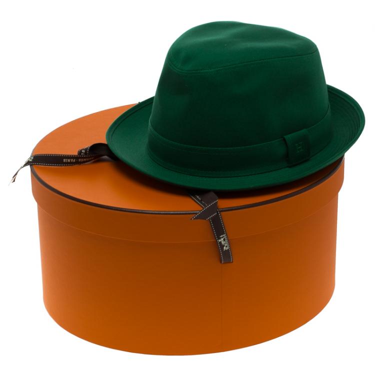 مملوكة مسبقًا Hermes Green Cotton H Embroidered Funky Fedora Hat Size 58