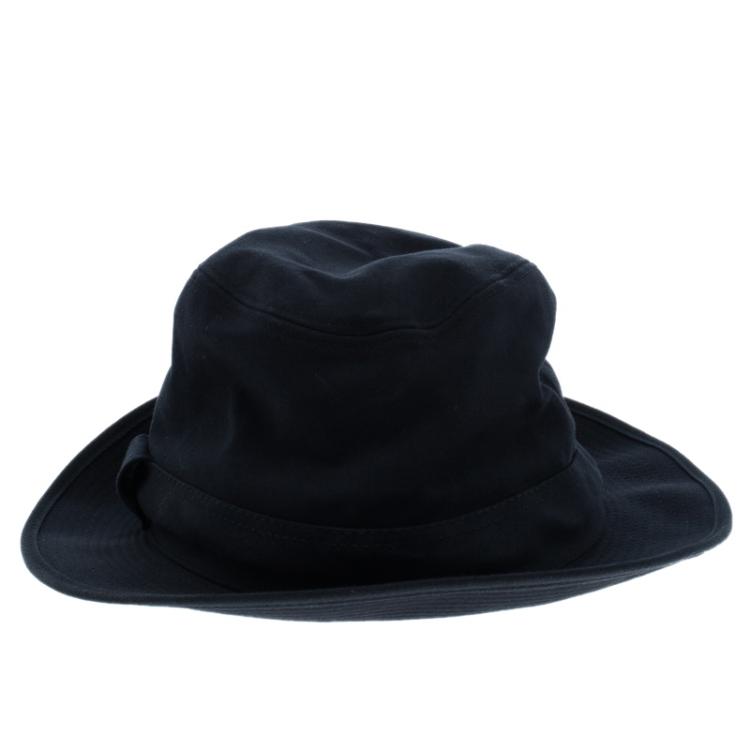 Pre Owned Hermes Navy Blue Cotton H Embroidered Funky Fedora Hat ( Size 58 )
