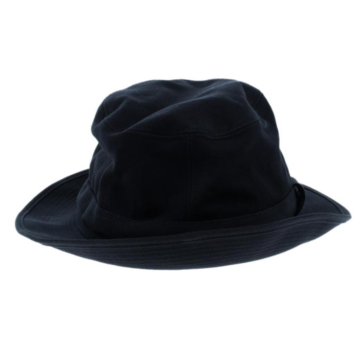 Pre Owned Hermes Navy Blue Cotton H Embroidered Funky Fedora Hat ( Size 58 )