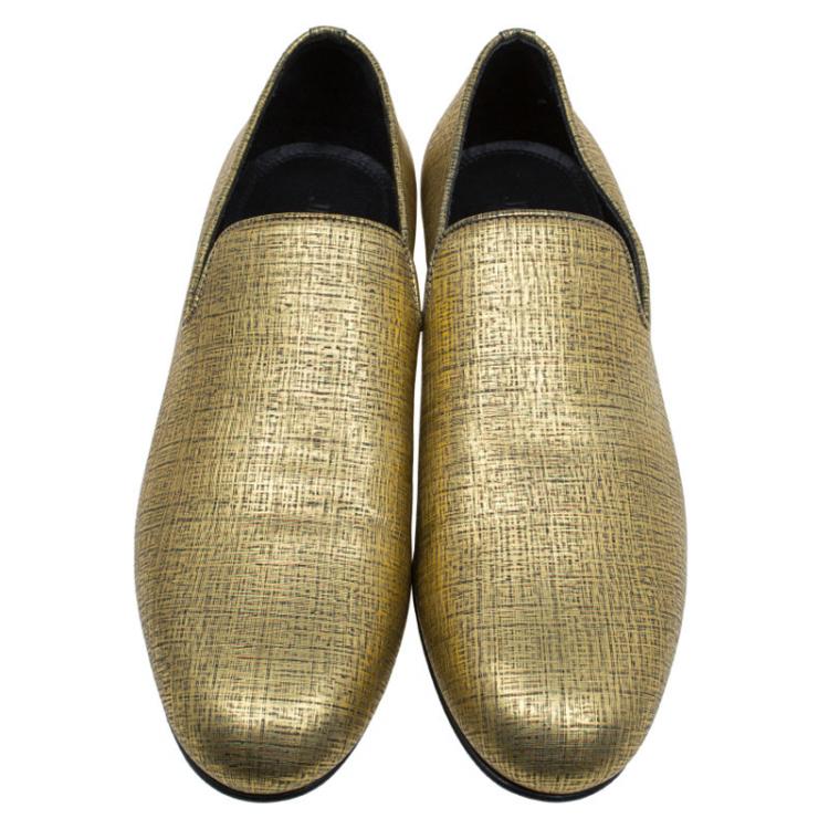 Pre Owned Jimmy Choo Gold Metallic Leather Sloane Smoking Slippers Size 43.5