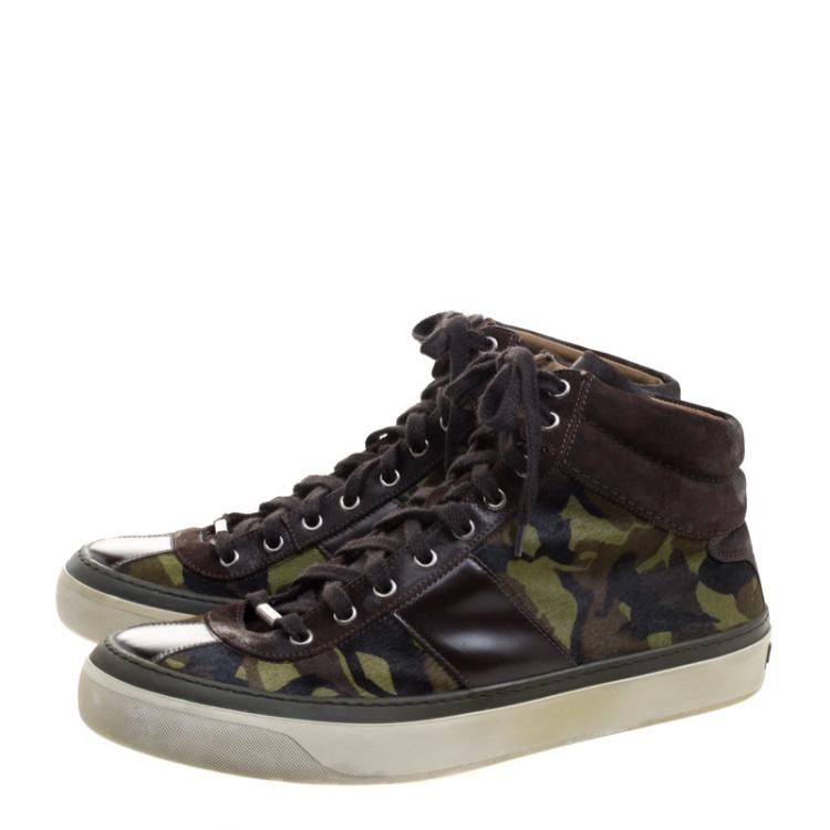 Pre Owned Jimmy Choo Camouflage Printed Pony Hair Belgravia High Top Sneakers Size 44