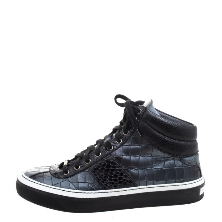 Pre Owned Jimmy Choo Black Metallic Crocodile Embossed Leather Belgravia High Top Sneakers Size 43